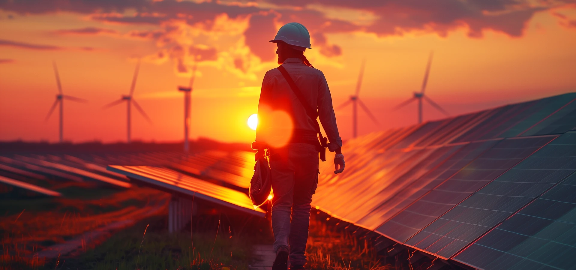 Technicien marchant dans une ferme solaire au coucher du soleil, panneaux photovoltaïques en arrière-plan